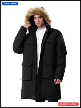 Men's Waterproof Hooded Down Winter Jacket Pockets Long Coat